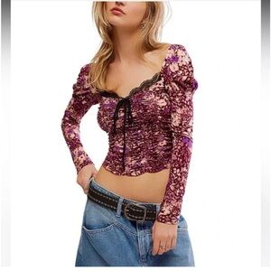Free People Purple Floral Lace Trim Blouse
